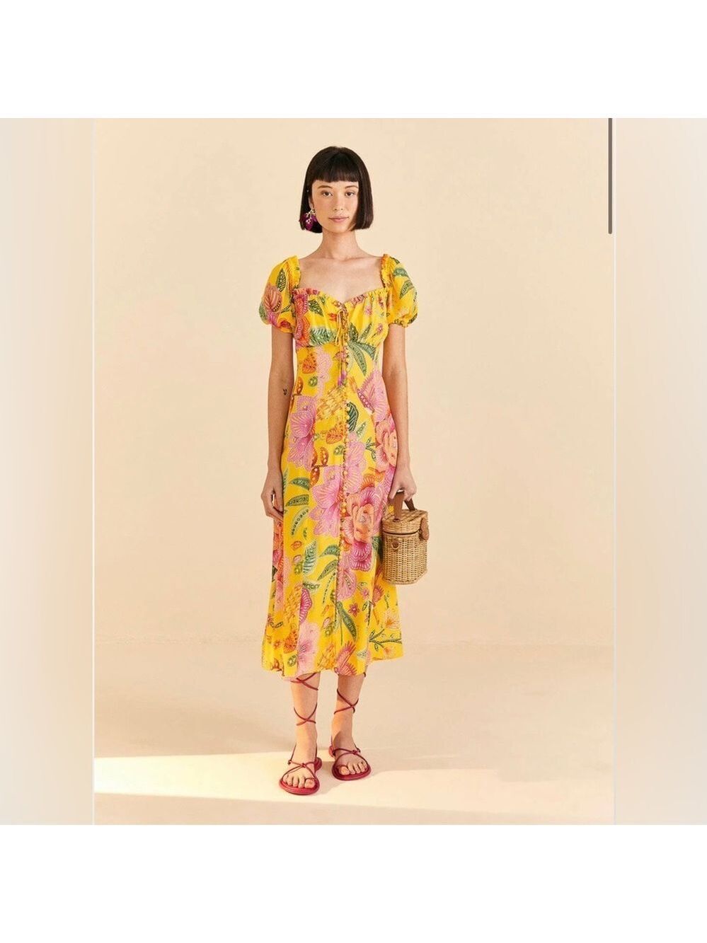 NWT FARM Rio Yellow Macaw Bloom Puff-Sleeve Midi Dress